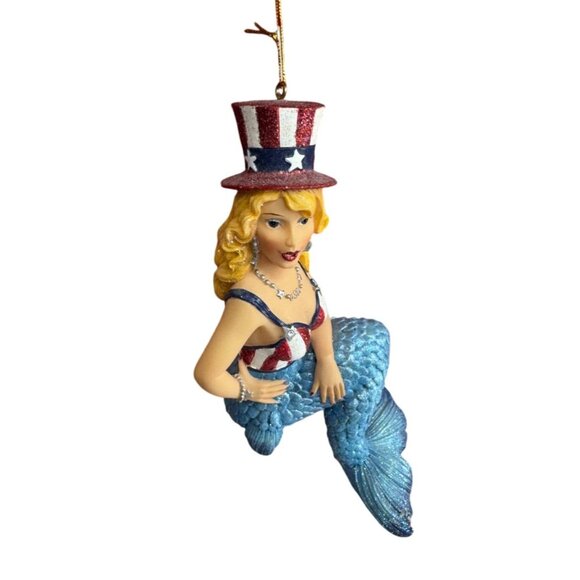 December Diamonds Stars USA Patriotic Mermaid Ornament 7" America - Picture 2 of 6